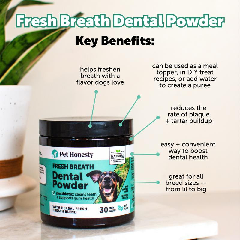 Pet Honesty Dental Powder, Breath Freshener and Teeth Cleaning Dental Care for Dogs, Plaque Tartar Remover with Postbiotic