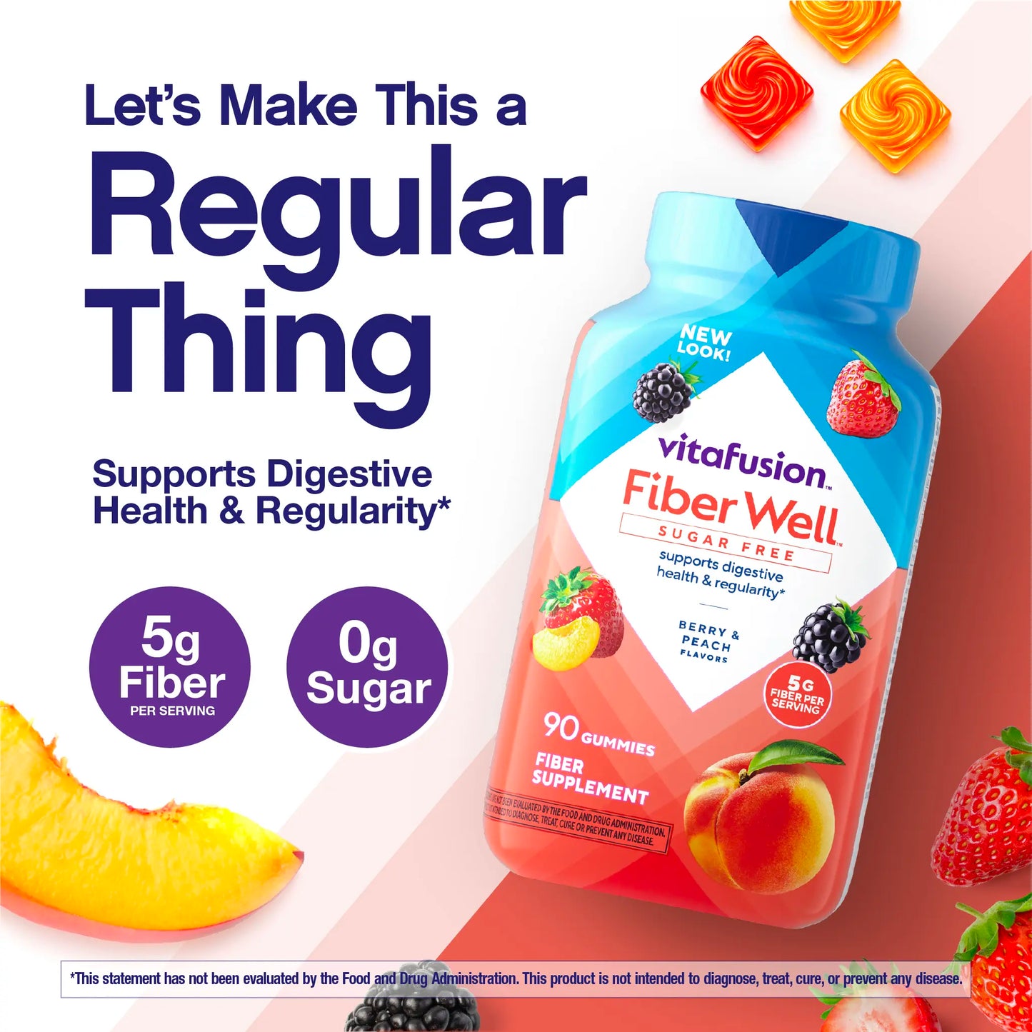 Vitafusion Fiber Well Sugar Free Gummies - 5g - Berry & Peach Flavor Fiber Gummies - Supports Digestive Health & Regularity - 90 Gummies