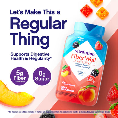 Vitafusion Fiber Well Sugar Free Gummies - 5g - Berry & Peach Flavor Fiber Gummies - Supports Digestive Health & Regularity - 90 Gummies