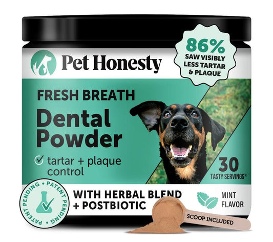 Pet Honesty Dental Powder, Breath Freshener and Teeth Cleaning Dental Care for Dogs, Plaque Tartar Remover with Postbiotic