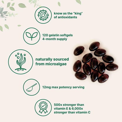 12mg Astaxanthin Softgels from Pure Microalgae Source | Natural Skin & Wellness Support | 120 Easy-to-Swallow Softgels (4-Month Supply)