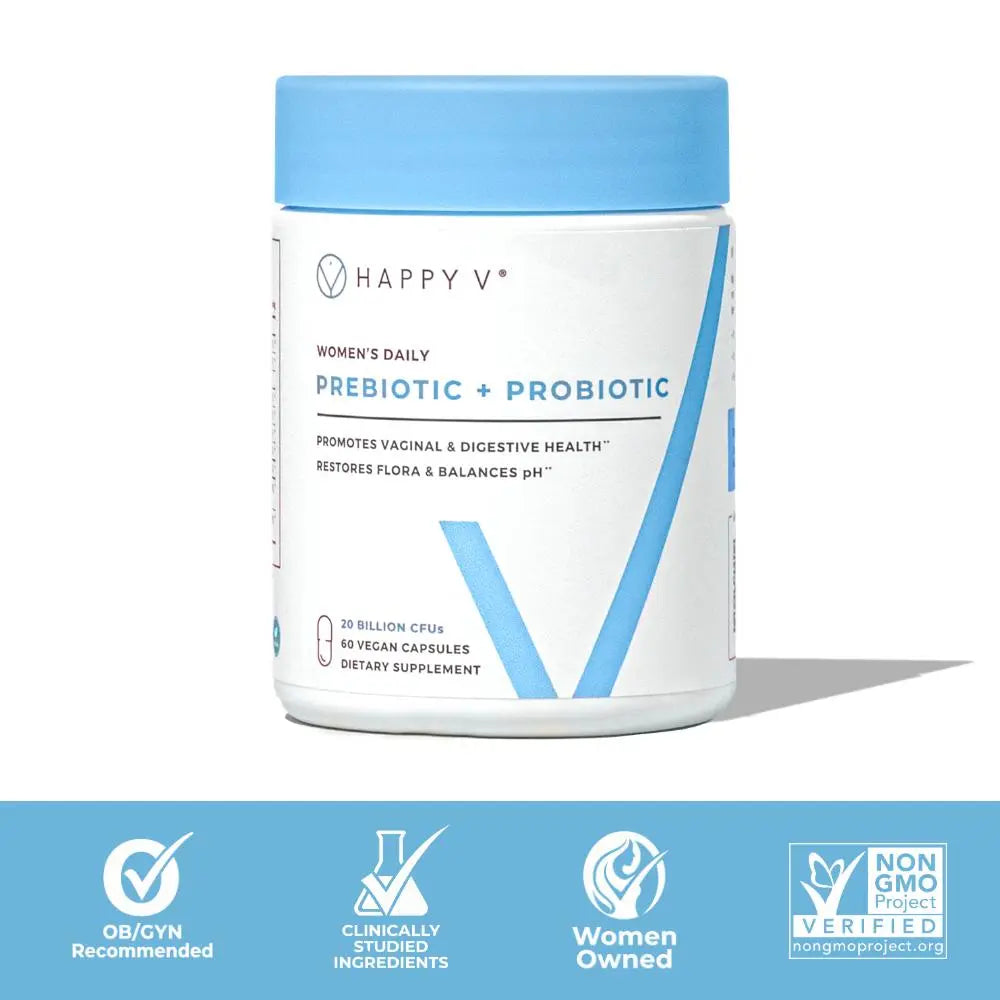 Happy V Vaginal Prebiotic + Probiotic for Women – Clinically Proven pH Balance & BV Treatment, Natural Yeast Infection Support, 60 Vegan Capsules Dietary Gut Health Supplement