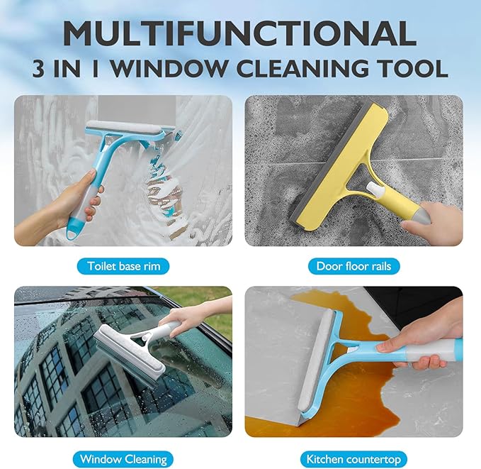 New 3-in-1 Window Squeegee Cleaner with Built-in Spray Bottle & Brush - Refillable for Shower Glass, Mirrors, Car Windows - All-Purpose Streak-Free Cleaning Tool—XDX