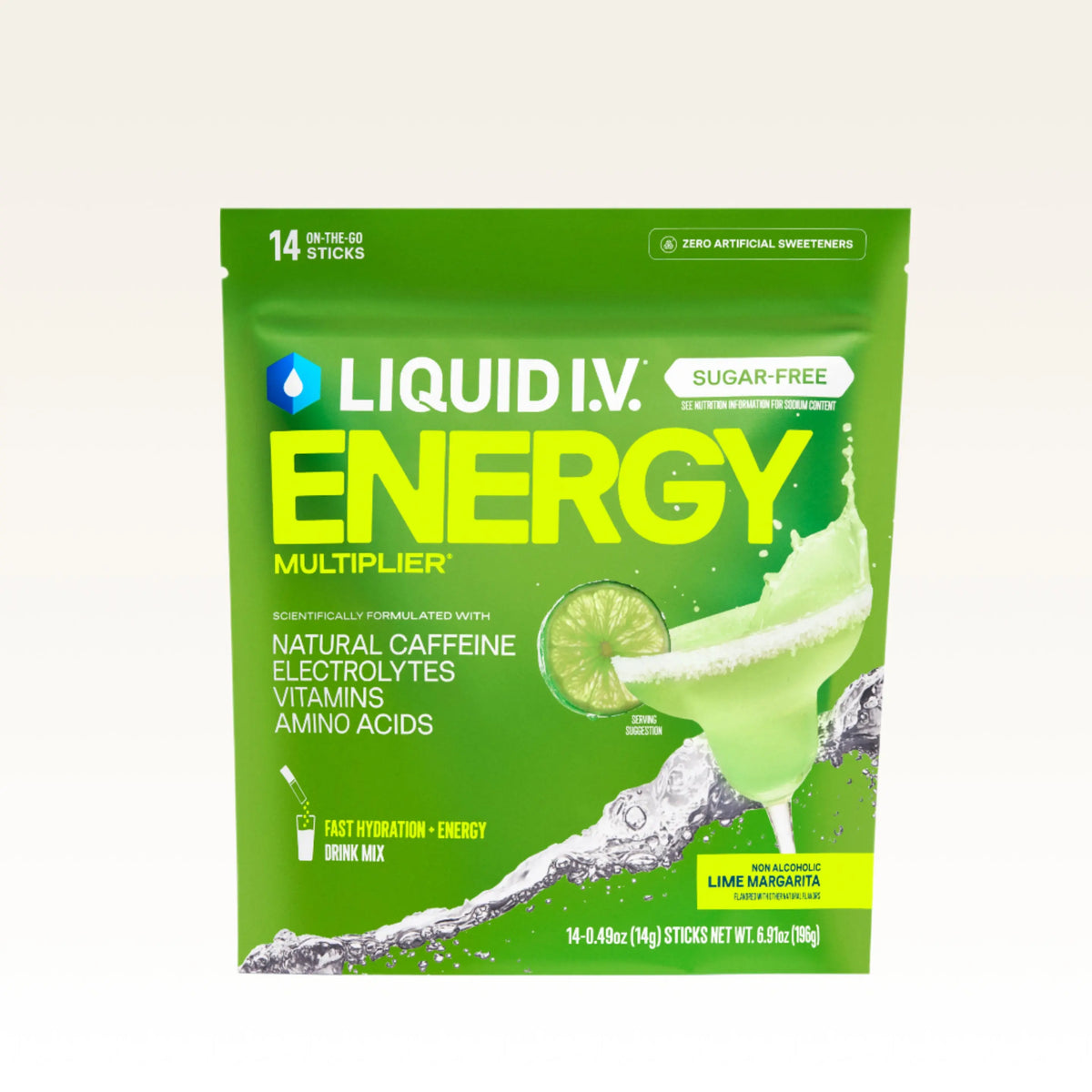 Liquid I.V. Sugar-Free Energy Multiplier - Lime Margarita - Hydration Powder Packets | Electrolyte Powder Drink Mix | Convenient Single-Serving Sticks | Includes Natural Caffeine | 1 Pack (14 Servings)