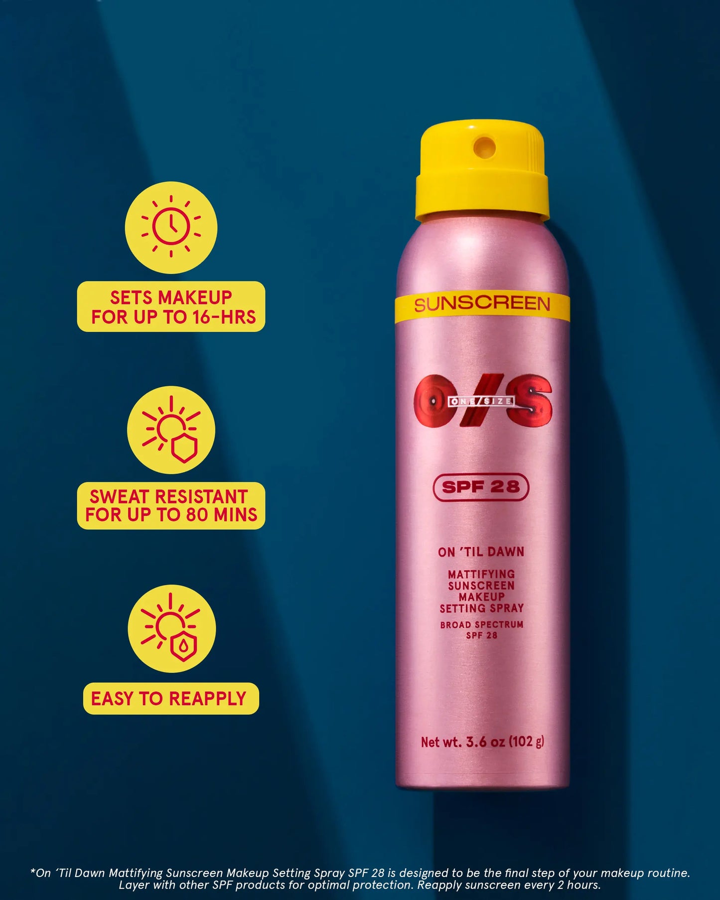 ONE/SIZE On ’Til Dawn Mattifying Sunscreen Makeup Setting Spray SPF 28 Travel Size 1.05 oz - Sets Makeup for 16hrs, Sweat Resistant, Water Resistant, Easy to Reapply