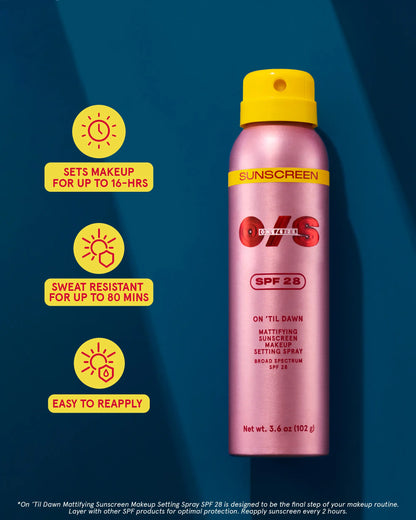 ONE/SIZE On ’Til Dawn Mattifying Sunscreen Makeup Setting Spray SPF 28 Travel Size 1.05 oz - Sets Makeup for 16hrs, Sweat Resistant, Water Resistant, Easy to Reapply
