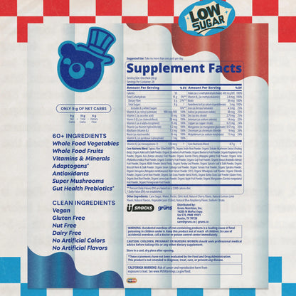 Popsicle Firecracker x Grüns "Al Dente" Superfood Greens Gummies: Comprehensive nutrition with 60+ ingredients: 21 Vitamins and Minerals, 6g Prebiotic Fiber, Adaptogens, Cherry Lemon Lime Blue Raspberry, Gluten Free, Vegan, Third Party Tested