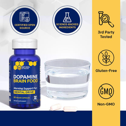 Dopamine Brain Food Supplement w/L-Tyrosine - Promotes Mental Drive, Clarity & Focus - Supports Mental Energy - 60 Capsules