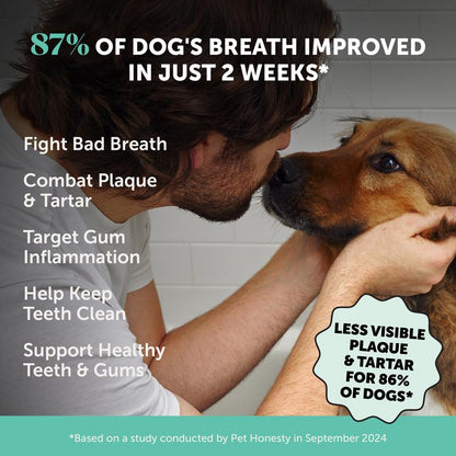 Pet Honesty Dental Powder, Breath Freshener and Teeth Cleaning Dental Care for Dogs, Plaque Tartar Remover with Postbiotic