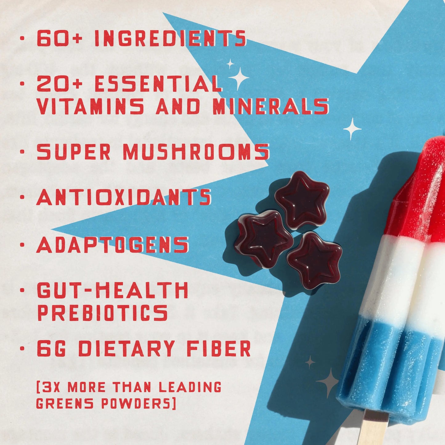 Popsicle Firecracker x Grüns "Al Dente" Superfood Greens Gummies: Comprehensive nutrition with 60+ ingredients: 21 Vitamins and Minerals, 6g Prebiotic Fiber, Adaptogens, Cherry Lemon Lime Blue Raspberry, Gluten Free, Vegan, Third Party Tested