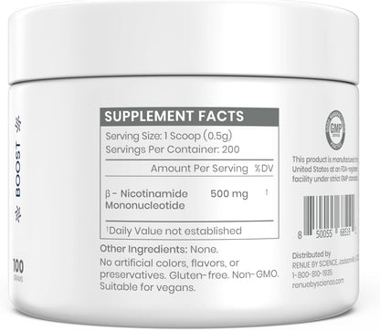 Renue By Science NMN Powder | 100g Fast Dissolve Powder Supplement | 500mg Nicotinamide Mononucleotide per Serving | Manufactured in the USA Third-Party Tested