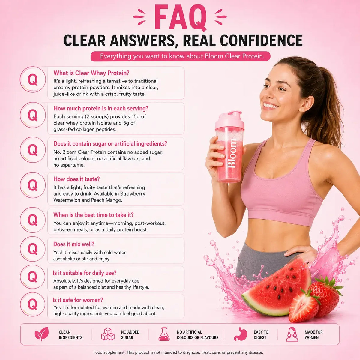 Bloom Nutrition Clear Protein - Clear Whey + Collagen Protein Blend | 20g Protein, 90 Calories, 0g Sugar, Light & Refreshing Fruity Drink | Protein for Women