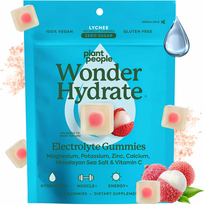 Plant People WonderHydrate Sugar Free Electrolyte Gummies - Vegan Hydration Chews with Magnesium, Potassium, Zinc, Vitamin C & Himalayan Sea Salt - Zero Sugar Lychee (42 Count)
