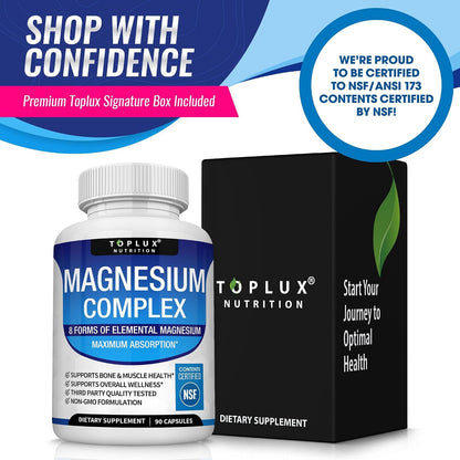 Toplux Magnesium Complex Supplement 8 Elemental - Magnesium Glycinate, Citrate, Malate, Taurate, Chelated for Easy Absorption for Bones, Muscle, Recovery, Energy, Vegan Non-GMO 90 Capsules