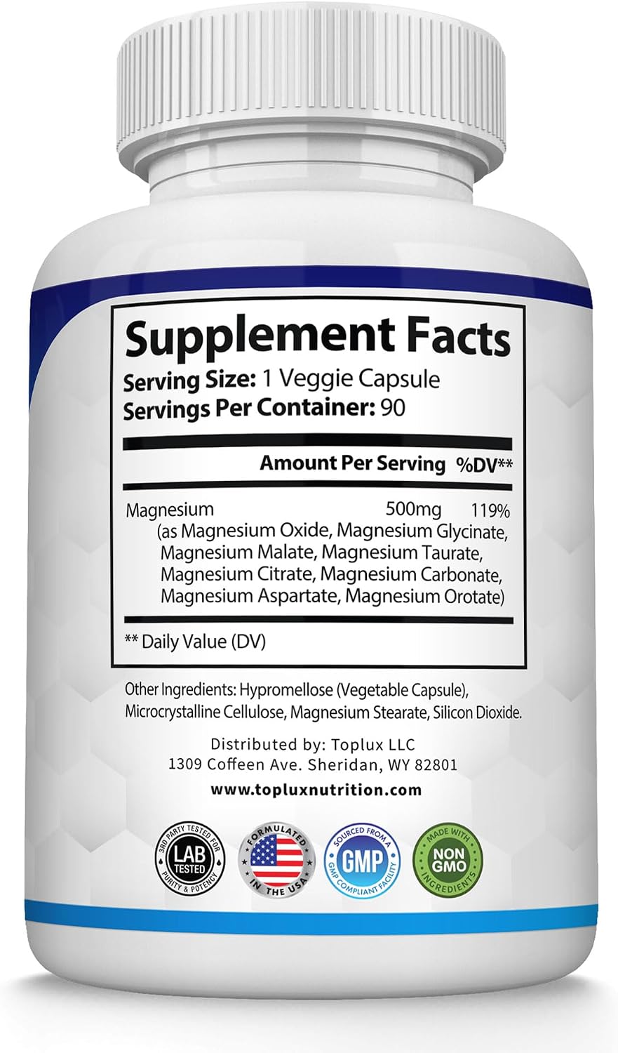 Toplux Magnesium Complex Supplement 8 Elemental - Magnesium Glycinate, Citrate, Malate, Taurate, Chelated for Easy Absorption for Bones, Muscle, Recovery, Energy, Vegan Non-GMO 90 Capsules