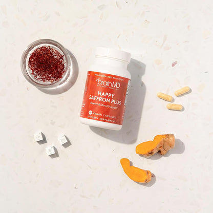 BrainMD Dr Amen Happy Saffron Plus - 90 Capsules - with Saffron Flower Extract, Curcumin & Zinc - Vegan, Gluten Free - 30 Servings