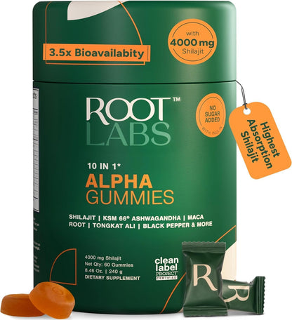 ROOT LABS 10-in-1 Alpha Shilajit Gummies | 4000 mg Pure Himalayan Shilajit with Tongkat Ali & Maca Root | Shilajit for Men & Women | ShilAbsorb Bioavailability Tech | Sugar-Free, Vegan | 60 Gummies