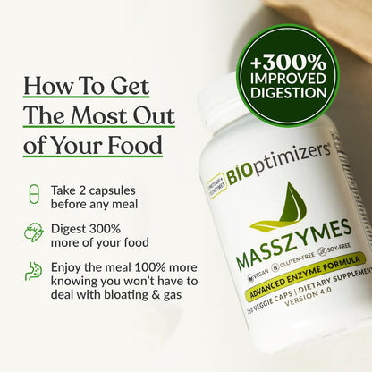BIOptimizers MassZymes - Complete Digestive Enzymes Supplement for Gut Health - BRelief for Men and Women - Lipase Amylase Bromelain Digestive Enzymes (30 Capsules)
