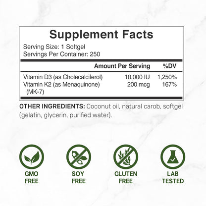 DEAL SUPPLEMENT Vitamin D3 10,000 IU + K2 MK7 200mcg Softgels, 250 Count | 2-in-1 Complex with Virgin Coconut Oil | Supports Heart, Bone, Teeth & Immune Health* | Easy to Swallow
