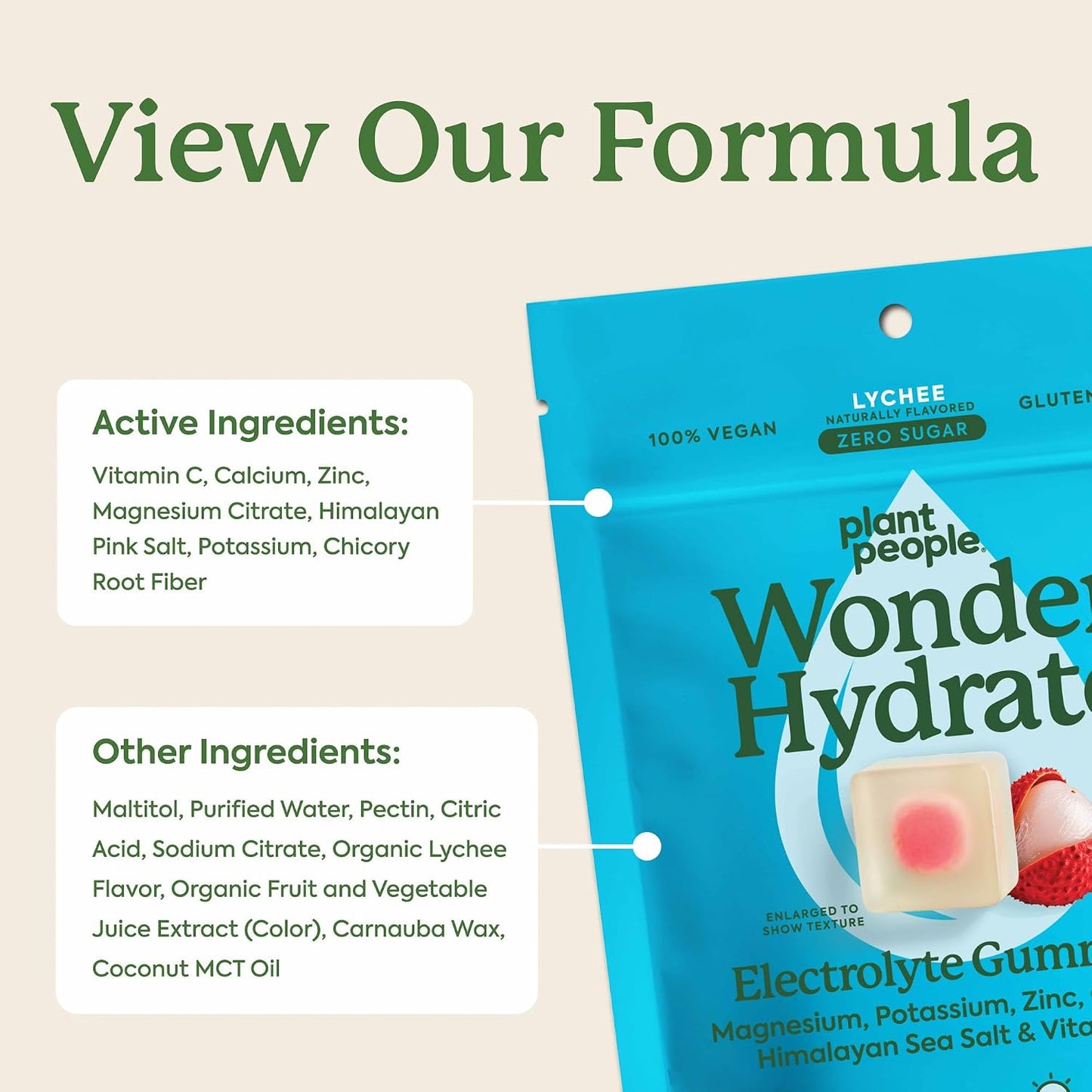 Plant People WonderHydrate Sugar Free Electrolyte Gummies - Vegan Hydration Chews with Magnesium, Potassium, Zinc, Vitamin C & Himalayan Sea Salt - Zero Sugar Lychee (42 Count)
