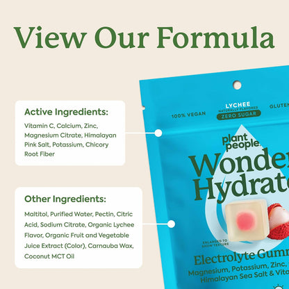 Plant People WonderHydrate Sugar Free Electrolyte Gummies - Vegan Hydration Chews with Magnesium, Potassium, Zinc, Vitamin C & Himalayan Sea Salt - Zero Sugar Lychee (42 Count)
