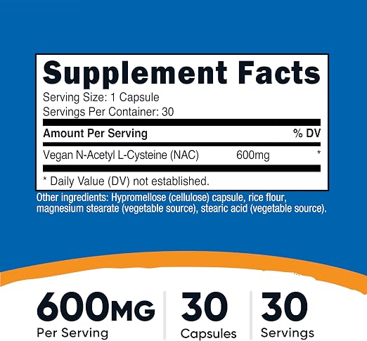 Nutricost N-Acetyl L-Cysteine (NAC) 600mg, 30 Vegan Capsules, Gluten-Free