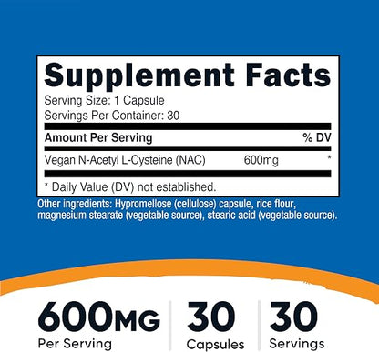 Nutricost N-Acetyl L-Cysteine (NAC) 600mg, 30 Vegan Capsules, Gluten-Free