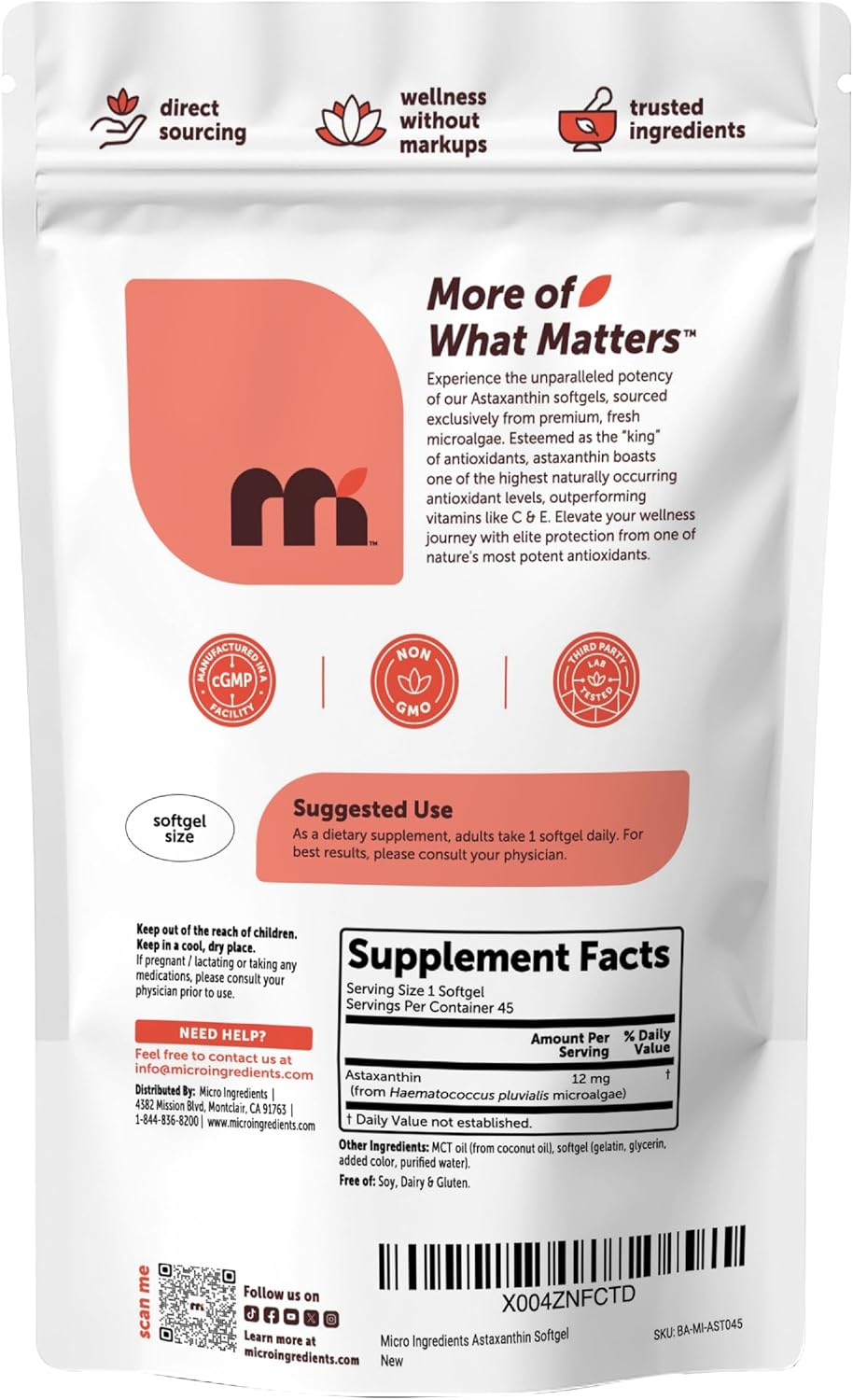 Micro Ingredients Astaxanthin 12mg Per Serving with MCT Oil, 45 Softgels