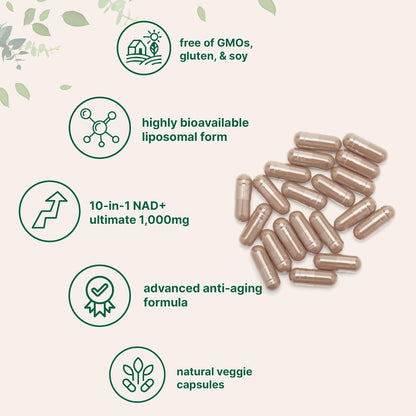 Liposomal NAD+ Ultimate 1,000mg | 60 Veggie Capsules | NMN Pathway Formula | 10-in-1 with Resveratrol, Glutathione & Astaxanthin | NAD Supplement for Women & Men | Anti-Aging, Energy, & Brain Support