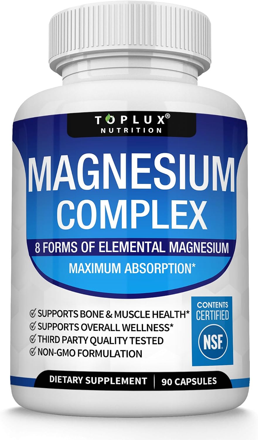 Toplux Magnesium Complex Supplement 8 Elemental - Magnesium Glycinate, Citrate, Malate, Taurate, Chelated for Easy Absorption for Bones, Muscle, Recovery, Energy, Vegan Non-GMO 90 Capsules