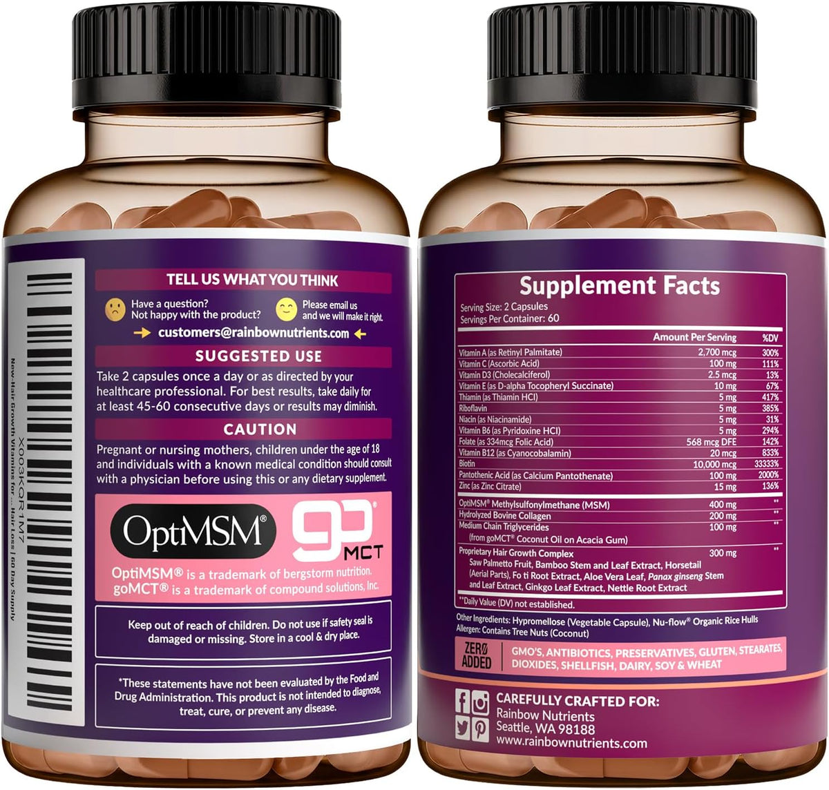 Hair Growth Vitamins for Women | Biotin 10,000mcg, Collagen, Patented OptiMSM®, goMCT®, Saw Palmetto | Naturally Supports Stronger & Healthier Hair, Skin and Nails |Non GMO + Made in USA|60 Day Supply