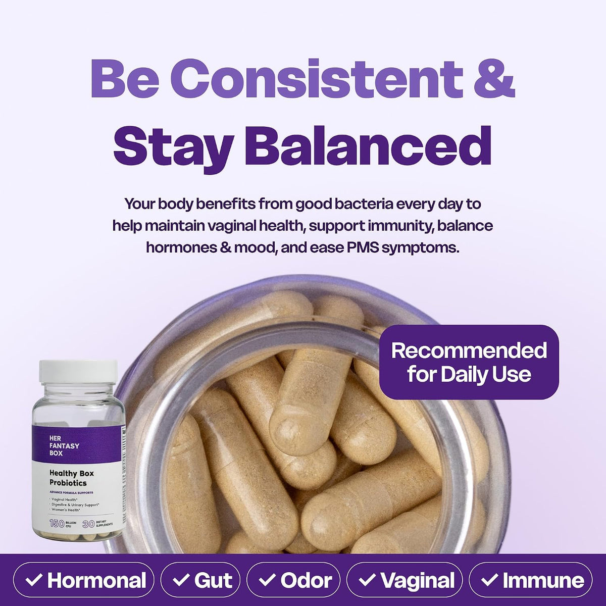 Her Fantasy Box | Healthy Box | Vaginal Probiotics for Women – Prebiotics + Advanced Lactobacillus Blend – Supports Natural Hormonal Balance – Feminine Health Support with Cranberry & D-Mannose