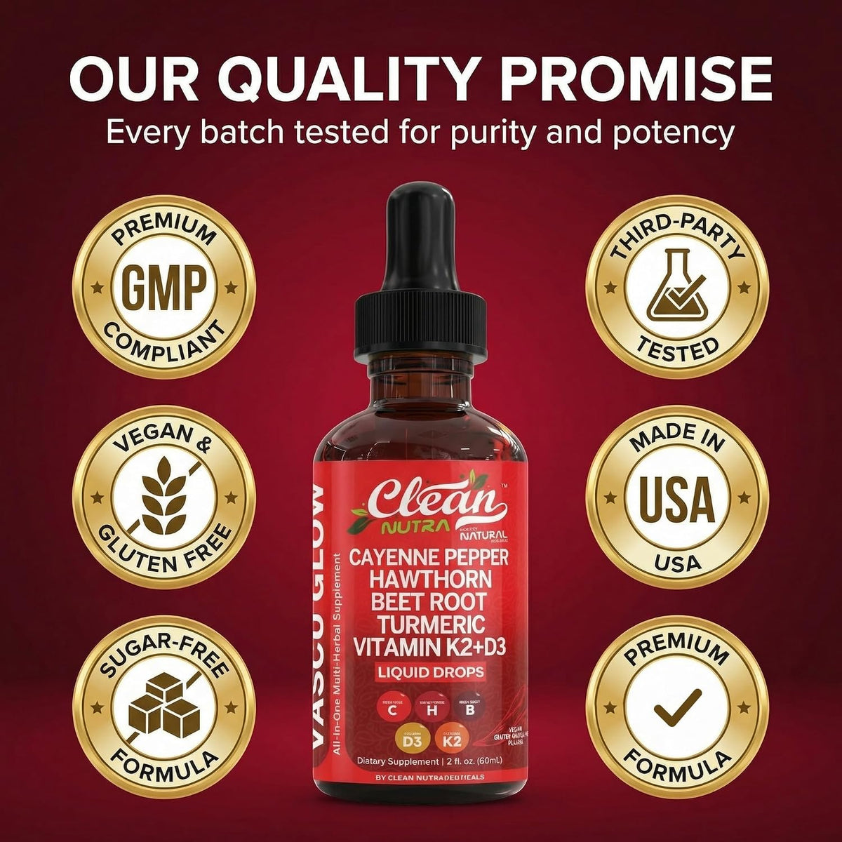 Clean Nutra Cayenne Pepper Drops Supplement Liquid + Hawthorn Berry, Vitamin D3 K2 Beet Root Powder, Ceylon Cinnamon, Turmeric Curcumin, Organic Panax Ginseng, Berberine Extract 1 Pack
