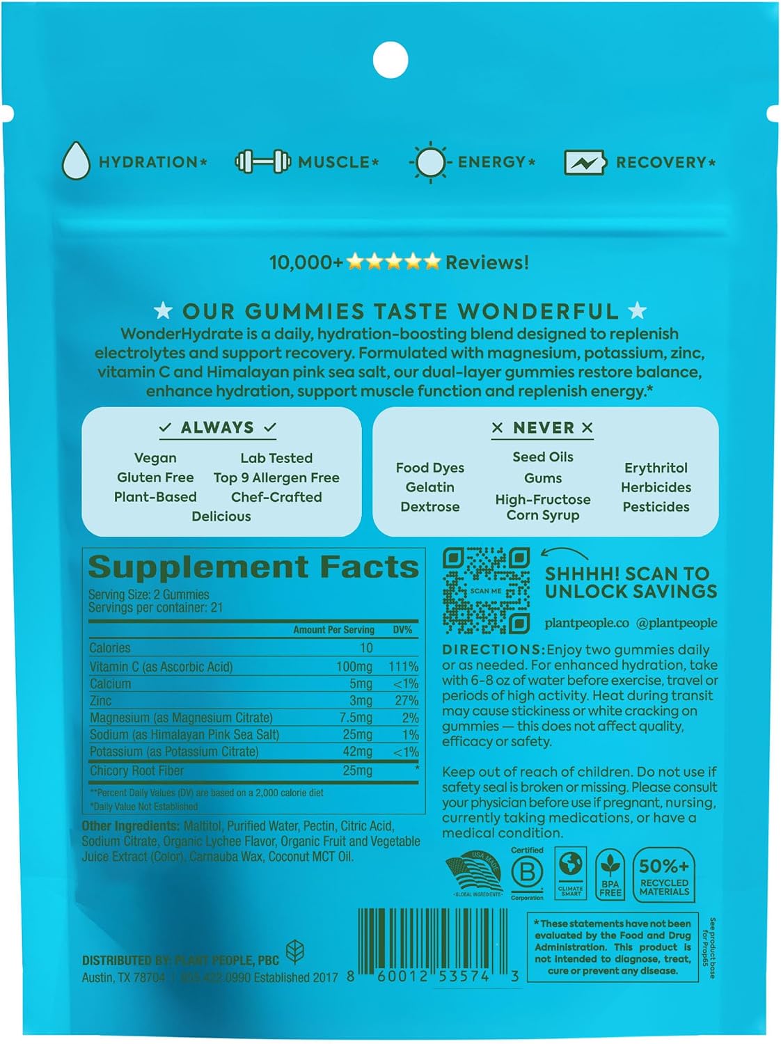 Plant People WonderHydrate Sugar Free Electrolyte Gummies - Vegan Hydration Chews with Magnesium, Potassium, Zinc, Vitamin C & Himalayan Sea Salt - Zero Sugar Lychee (42 Count)