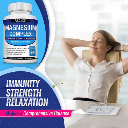 Toplux Magnesium Complex Supplement 8 Elemental - Magnesium Glycinate, Citrate, Malate, Taurate, Chelated for Easy Absorption for Bones, Muscle, Recovery, Energy, Vegan Non-GMO 90 Capsules