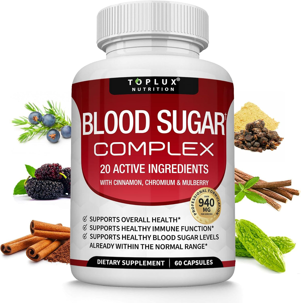 Blood Sugar Complex Supplement - Supports Healthy Blood Sugar Levels Already Within Normal Range All Natural with Cinnamon, Bitter Melon, Chromium, Mulberry, Alpha Lipoic Acid, Non-GMO, 60 Capsules
