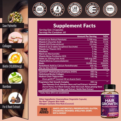 Hair Growth Vitamins for Women | Biotin 10,000mcg, Collagen, Patented OptiMSM®, goMCT®, Saw Palmetto | Naturally Supports Stronger & Healthier Hair, Skin and Nails |Non GMO + Made in USA|60 Day Supply