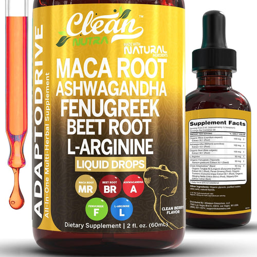 Organic Maca Root Liquid Drops with Ashwagandha, Fenugreek, Beet Root & L-Arginine – Liquid Multivitamin for Women & Men – Adapto Drive