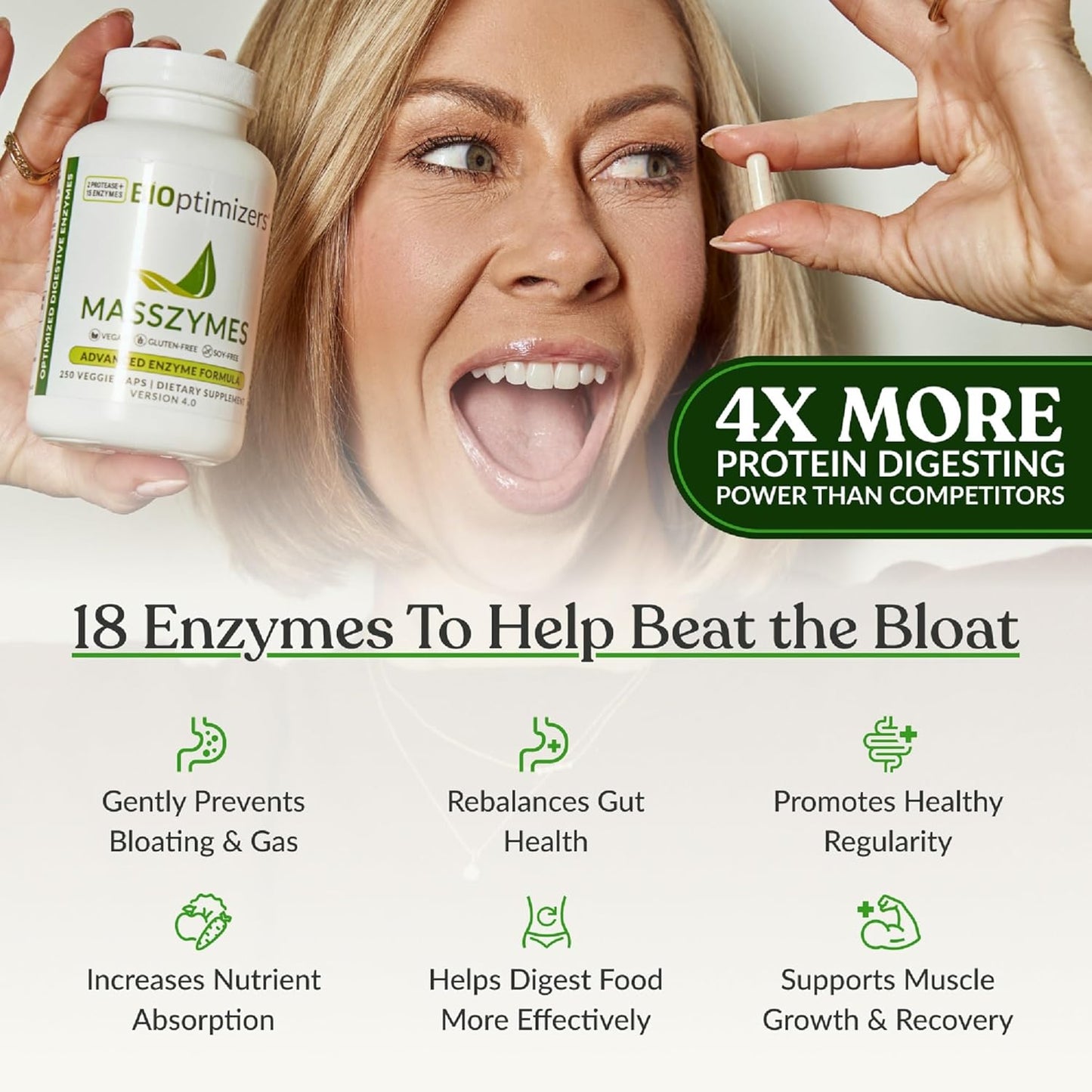 BIOptimizers MassZymes - Complete Digestive Enzymes Supplement for Gut Health - BRelief for Men and Women - Lipase Amylase Bromelain Digestive Enzymes (30 Capsules)