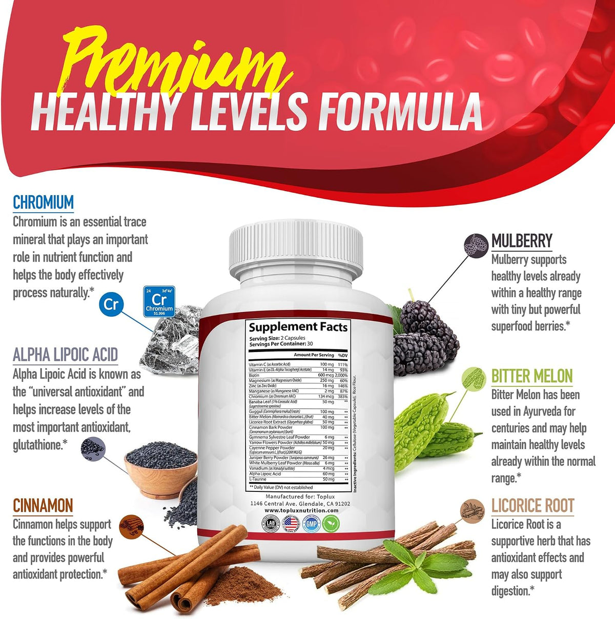 Blood Sugar Complex Supplement - Supports Healthy Blood Sugar Levels Already Within Normal Range All Natural with Cinnamon, Bitter Melon, Chromium, Mulberry, Alpha Lipoic Acid, Non-GMO, 60 Capsules