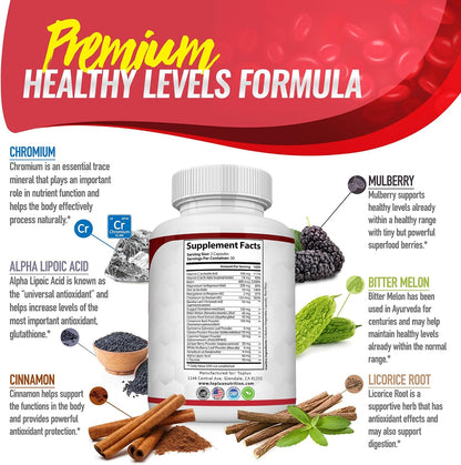 Blood Sugar Complex Supplement - Supports Healthy Blood Sugar Levels Already Within Normal Range All Natural with Cinnamon, Bitter Melon, Chromium, Mulberry, Alpha Lipoic Acid, Non-GMO, 60 Capsules