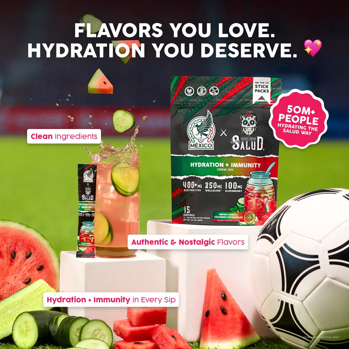 México x Salud 2-in-1 [Hydration + Immunity - Pepino Sandía | Cucumber Watermelon] Electrolytes Powder, Agua Fresca Drink Mix, Elderberry, Dairy & Soy Free, Non-GMO, Gluten Free, Vegan, Low Calorie, 1g Sugar (15 Servings)