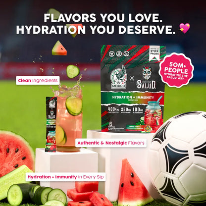 México x Salud 2-in-1 [Hydration + Immunity - Pepino Sandía | Cucumber Watermelon] Electrolytes Powder, Agua Fresca Drink Mix, Elderberry, Dairy & Soy Free, Non-GMO, Gluten Free, Vegan, Low Calorie, 1g Sugar (15 Servings)