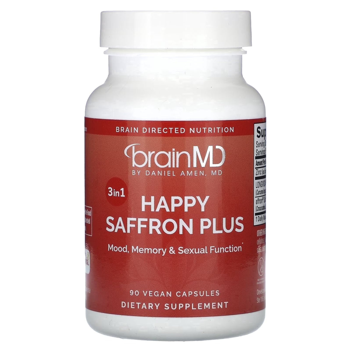 BrainMD Dr Amen Happy Saffron Plus - 90 Capsules - with Saffron Flower Extract, Curcumin & Zinc - Vegan, Gluten Free - 30 Servings