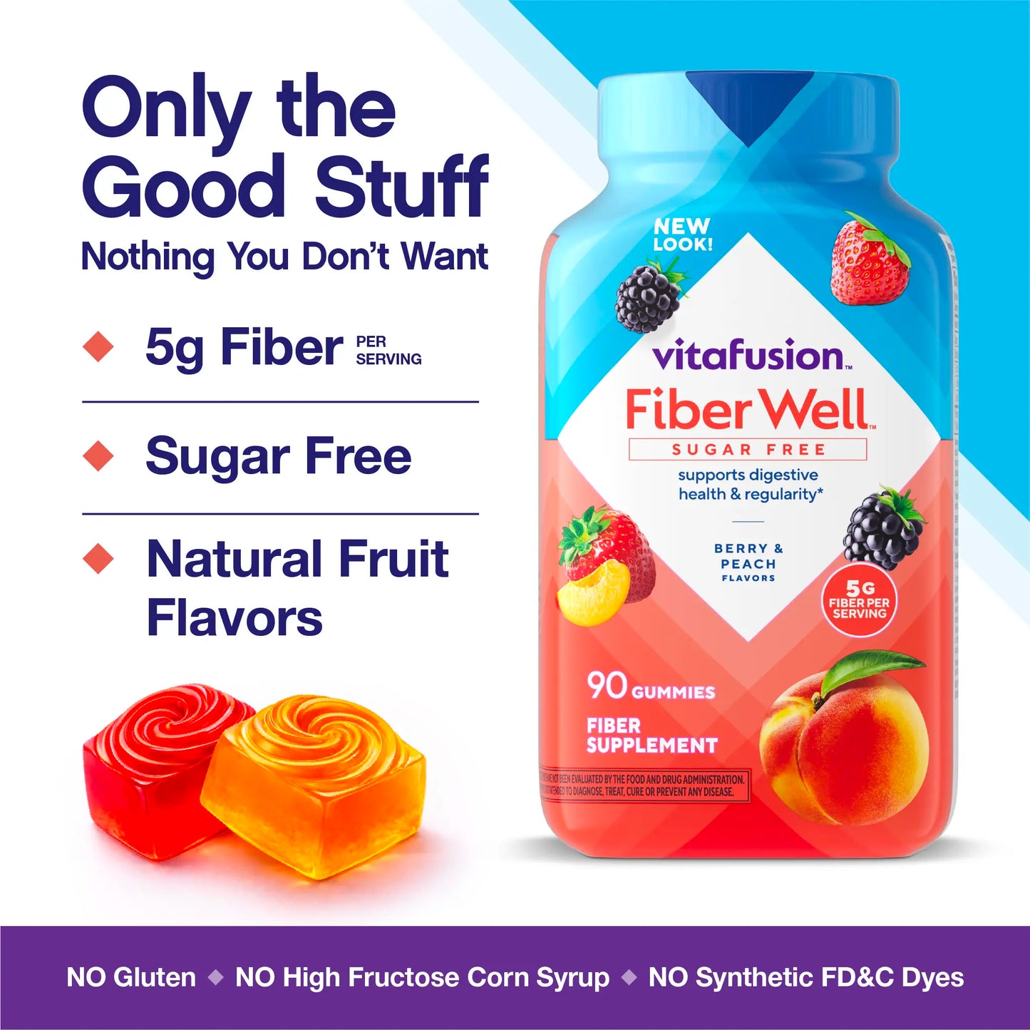 Vitafusion Fiber Well Sugar Free Gummies - 5g - Berry & Peach Flavor Fiber Gummies - Supports Digestive Health & Regularity - 90 Gummies