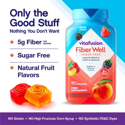 Vitafusion Fiber Well Sugar Free Gummies - 5g - Berry & Peach Flavor Fiber Gummies - Supports Digestive Health & Regularity - 90 Gummies