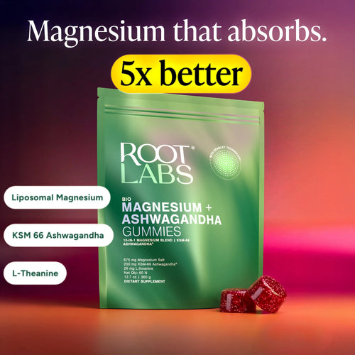 Root Labs Liposomal Magnesium + Ashwagandha Gummies with Beadlet Technology | 675mg Multi-Form Magnesium Salt, 200mg KSM-66 Ashwagandha, 26mg L-Theanine | High Bioavailability Gummies | Stress Relief, Sleep Support & Recovery | 60 Gummies (30 Servings)