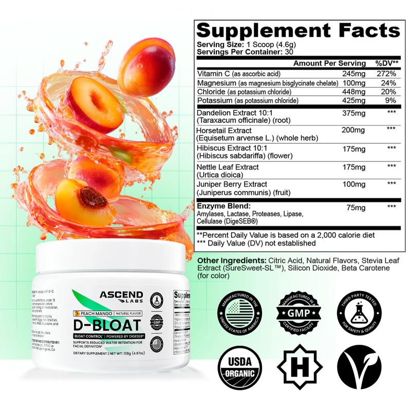 D-BLOAT Daily Debloat Powder - 30 Servings - Natural Bloating Relief & Water Retention Support - Dietary Supplement