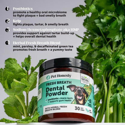 Pet Honesty Dental Powder, Breath Freshener and Teeth Cleaning Dental Care for Dogs, Plaque Tartar Remover with Postbiotic