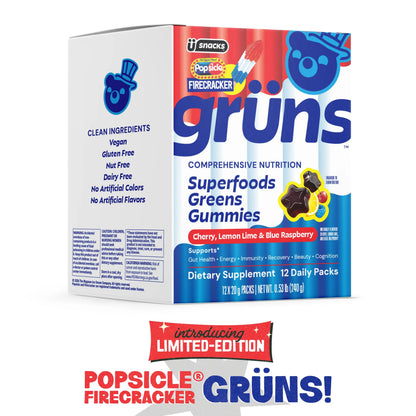 Popsicle Firecracker x Grüns "Al Dente" Superfood Greens Gummies: Comprehensive nutrition with 60+ ingredients: 21 Vitamins and Minerals, 6g Prebiotic Fiber, Adaptogens, Cherry Lemon Lime Blue Raspberry, Gluten Free, Vegan, Third Party Tested